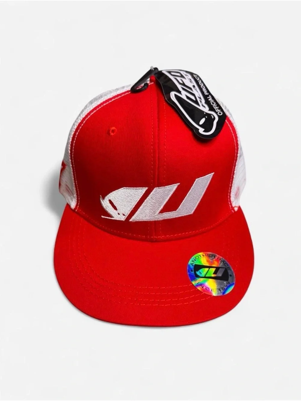 Red Trucker Snapback Hat with White Logo - men’s